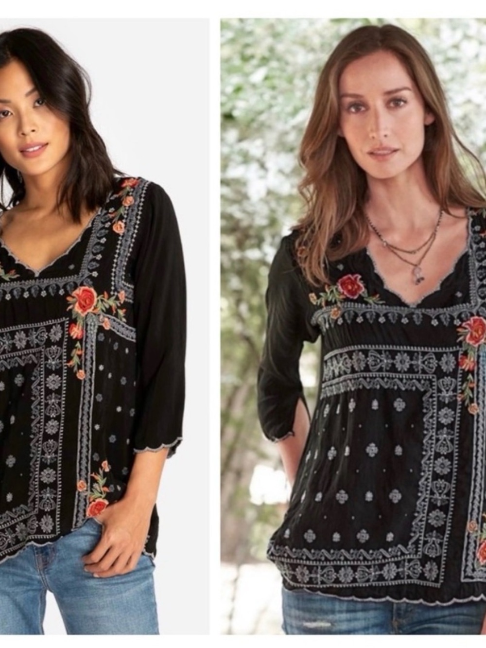 Johnny Was Black Embroidered V-Neck Floral Peasant Top